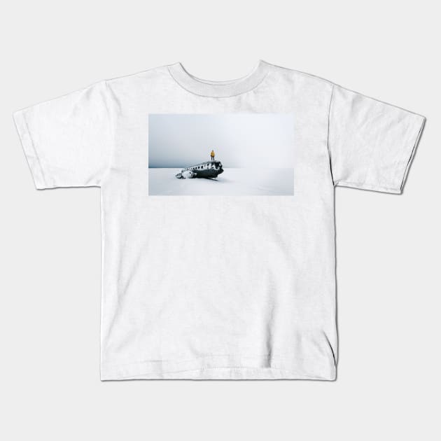 Plane wreck in Iceland with person - Landscape Photography Kids T-Shirt by regnumsaturni